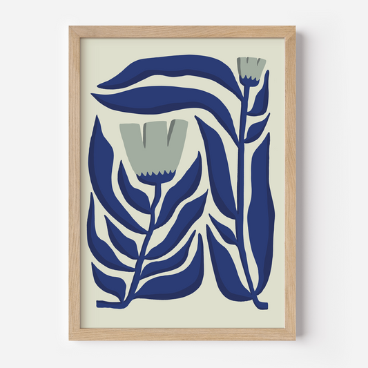 תמונה ממוסגרת של איור פרחוני מקורי בצבעי ורוד וירוק, מסדרת Blooms לעיצוב הבית